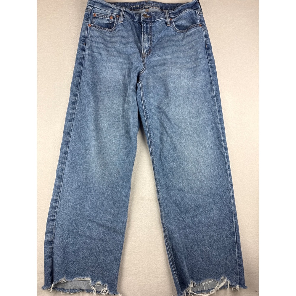American Eagle Curvy Stovepipe Strigid Jeans Blue Medium Wash Raw Hem Size 12